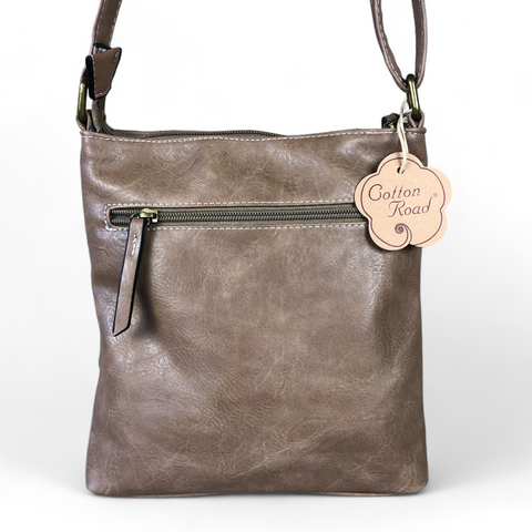 Cotton Road Sling Bag: KHAKI PU Leather Sling Bag with Metal Zip