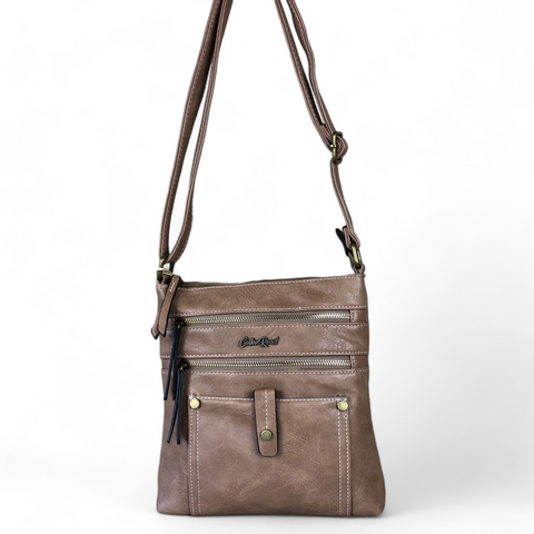 Cotton Road Sling Bag: KHAKI PU Leather Sling Bag with Metal Zip