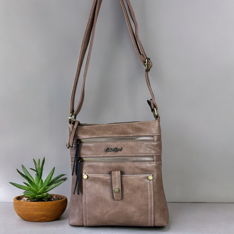 Cotton Road Sling Bag: KHAKI PU Leather Sling Bag with Metal Zip