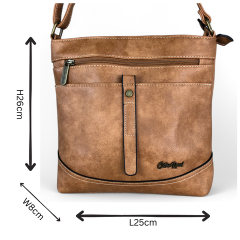 Cotton Road Sling Bag: KHAKI PU Leather Sling Bag with STRAP detailing