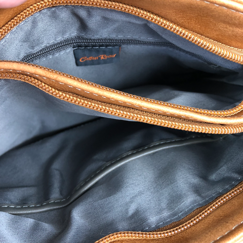 Cotton Road Sling Bag: KHAKI PU Leather Sling Bag with STRAP detailing