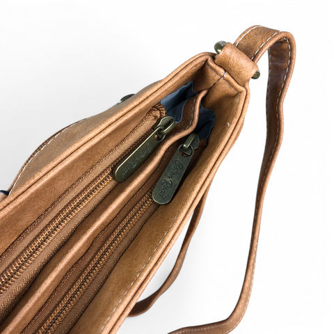 Cotton Road Sling Bag: KHAKI PU Leather Sling Bag with STRAP detailing