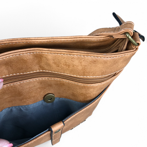 Cotton Road Sling Bag: KHAKI PU Leather Sling Bag with STRAP detailing