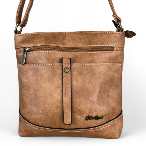 Cotton Road Sling Bag: KHAKI PU Leather Sling Bag with STRAP detailing
