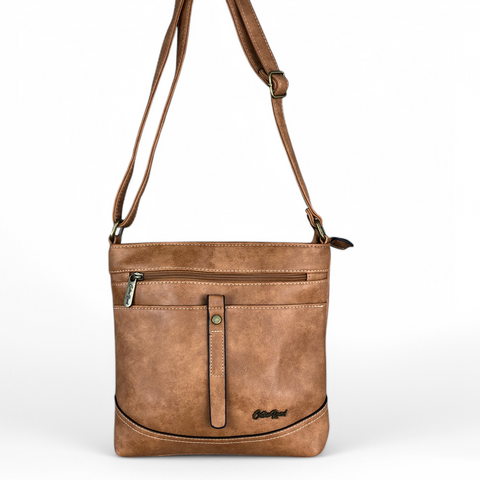 Cotton Road Sling Bag: KHAKI PU Leather Sling Bag with STRAP detailing