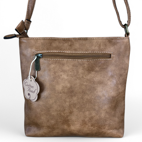 Cotton Road Sling Bag: KHAKI PU Leather Sling Bag with STRAP detailing