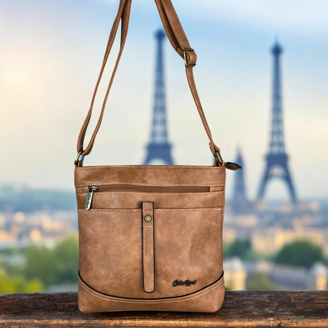 Cotton Road Sling Bag: KHAKI PU Leather Sling Bag with STRAP detailing