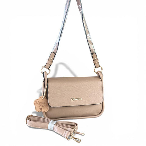 Cotton Road Sling Bag: KHAKI PU Leather Sling Bag with Shoulder Strap