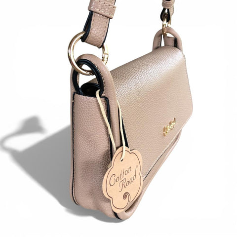 Cotton Road Sling Bag: KHAKI PU Leather Sling Bag with Shoulder Strap