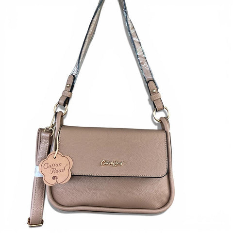 Cotton Road Sling Bag: KHAKI PU Leather Sling Bag with Shoulder Strap