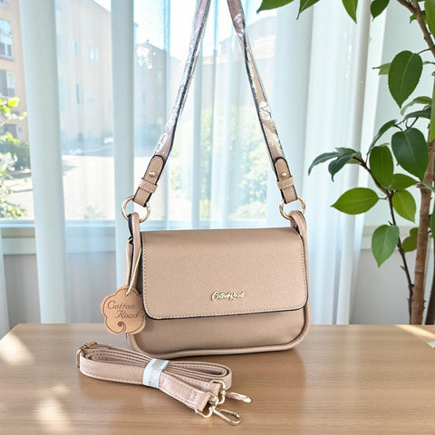 Cotton Road Sling Bag: KHAKI PU Leather Sling Bag with Shoulder Strap