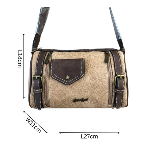 Cotton Road Sling Bag: KHAKI PU Leather with Brown Trim and Matching Wallet