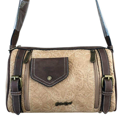 Cotton Road Sling Bag: KHAKI PU Leather with Brown Trim and Matching Wallet