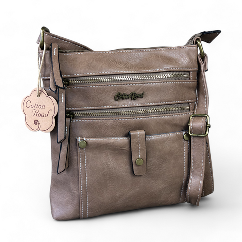 Cotton Road Sling Bag: KHAKI PU Leather with Metal Zip