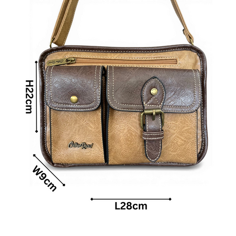 Cotton Road Sling Bag: KHAKI/BROWN PU Leather Bag with Pockets