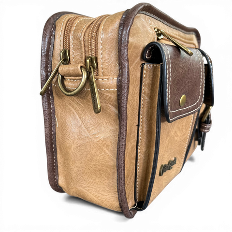 Cotton Road Sling Bag: KHAKI/BROWN PU Leather Bag with Pockets