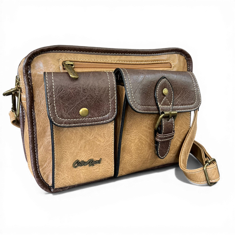 Cotton Road Sling Bag: KHAKI/BROWN PU Leather Bag with Pockets