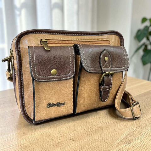 Cotton Road Sling Bag: KHAKI/BROWN PU Leather Bag with Pockets