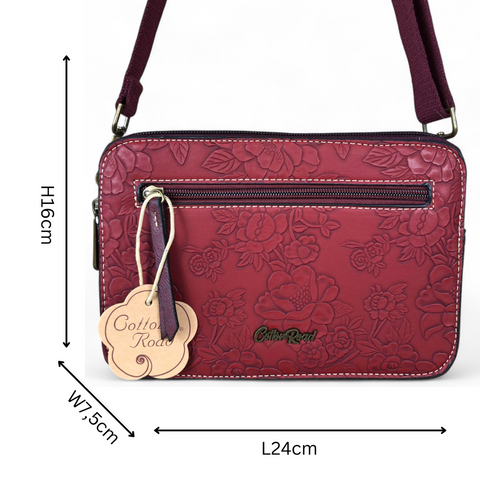 Cotton Road Sling Bag: MAROON RED PU Leather Sling Bag with EMBOSSED FLOWERS