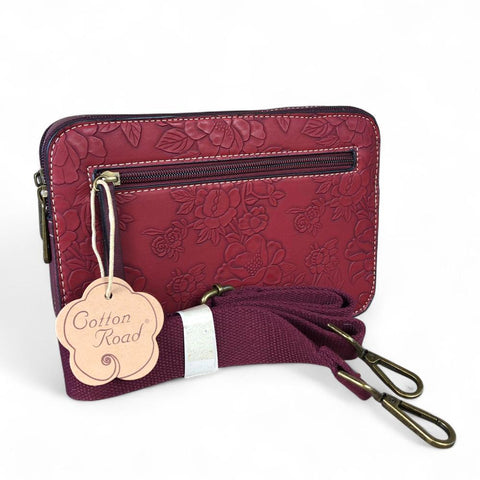 Cotton Road Sling Bag: MAROON RED PU Leather Sling Bag with EMBOSSED FLOWERS