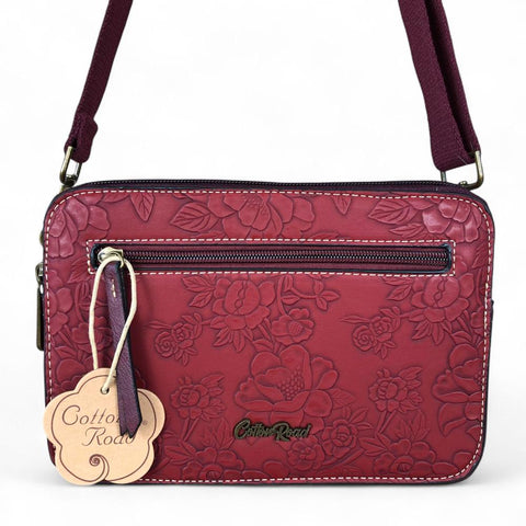 Cotton Road Sling Bag: MAROON RED PU Leather Sling Bag with EMBOSSED FLOWERS