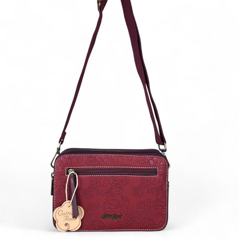 Cotton Road Sling Bag: MAROON RED PU Leather Sling Bag with EMBOSSED FLOWERS
