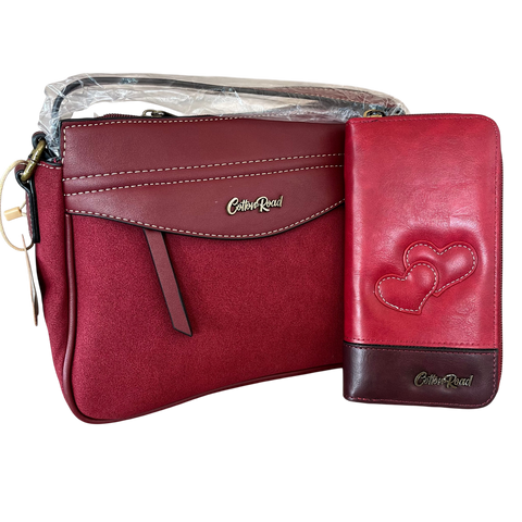 Cotton Road Sling Bag: Maroon Red PU Leather Crossbody with Matching Hearts Wallet