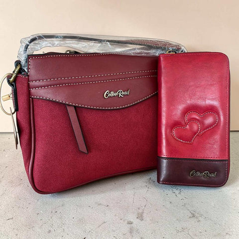 Cotton Road Sling Bag: Maroon Red PU Leather Crossbody with Matching Hearts Wallet