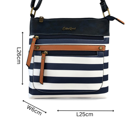 Cotton Road Sling Bag: NAVY BLUE and WHITE Crossbody Bag with STRIPES and TAN Trim detailing