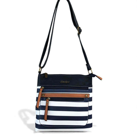 Cotton Road Sling Bag: NAVY BLUE and WHITE Crossbody Bag with STRIPES and TAN Trim detailing