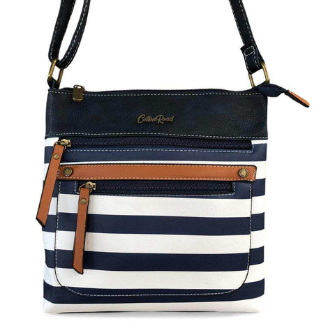 Cotton Road Sling Bag: NAVY BLUE and WHITE Crossbody Bag with STRIPES and TAN Trim detailing