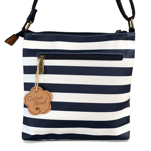 Cotton Road Sling Bag: NAVY BLUE and WHITE Crossbody Bag with STRIPES and TAN Trim detailing