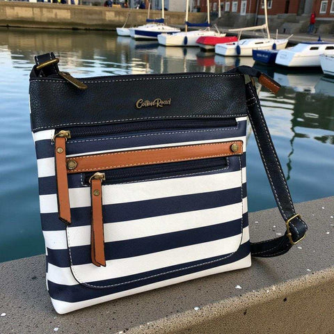 Cotton Road Sling Bag: NAVY BLUE and WHITE Crossbody Bag with STRIPES and TAN Trim detailing