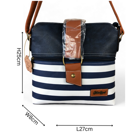Cotton Road Sling Bag: NAVY BLUE and WHITE PVC Sling Bag with STRAP detailing