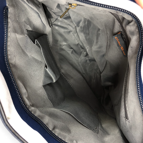 Cotton Road Sling Bag: NAVY BLUE and WHITE PVC Sling Bag with STRAP detailing