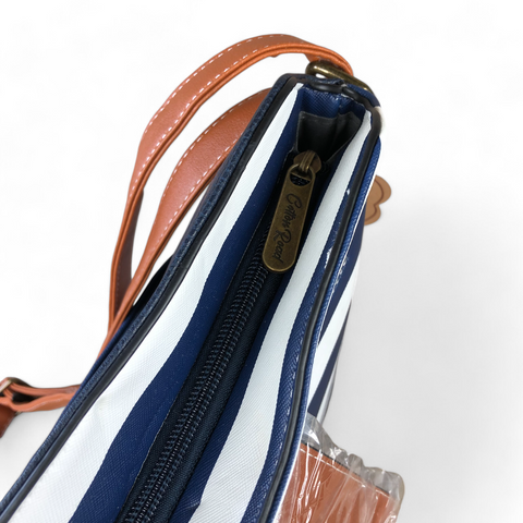 Cotton Road Sling Bag: NAVY BLUE and WHITE PVC Sling Bag with STRAP detailing
