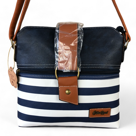 Cotton Road Sling Bag: NAVY BLUE and WHITE PVC Sling Bag with STRAP detailing