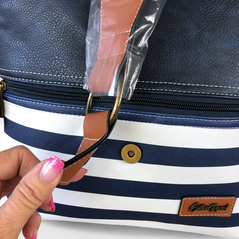 Cotton Road Sling Bag: NAVY BLUE and WHITE PVC Sling Bag with STRAP detailing