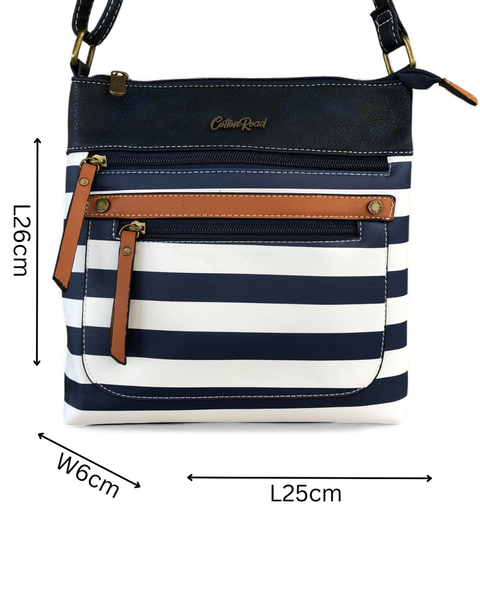 Cotton Road Sling Bag: NAVY BLUE and WHITE PVC Sling Bag with STRIPES and TAN Trim detailing