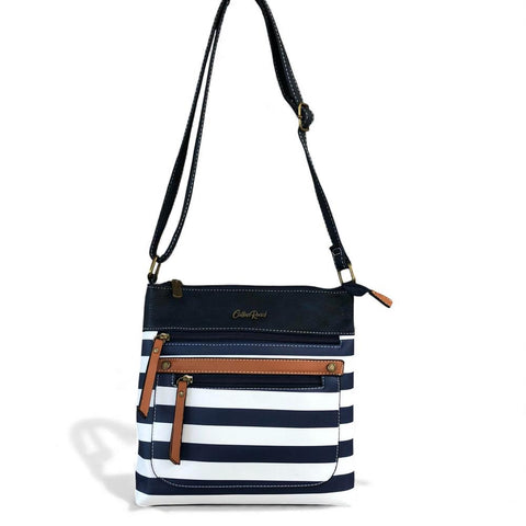 Cotton Road Sling Bag: NAVY BLUE and WHITE PVC Sling Bag with STRIPES and TAN Trim detailing