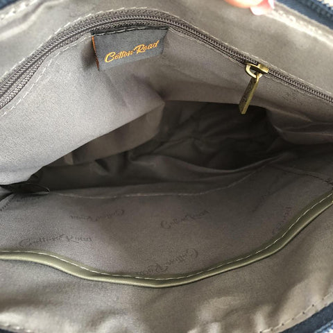 Cotton Road Sling Bag: NAVY BLUE and WHITE PVC Sling Bag with STRIPES and TAN Trim detailing