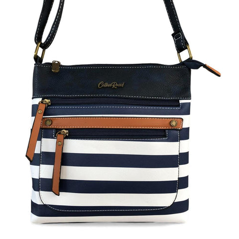 Cotton Road Sling Bag: NAVY BLUE and WHITE PVC Sling Bag with STRIPES and TAN Trim detailing