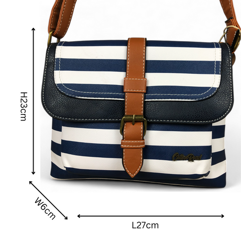 Cotton Road Sling Bag: NAVY and WHITE PVC Sling Bag with STRIPES and TAN TRIM