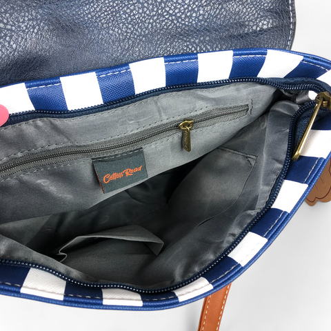 Cotton Road Sling Bag: NAVY and WHITE PVC Sling Bag with STRIPES and TAN TRIM