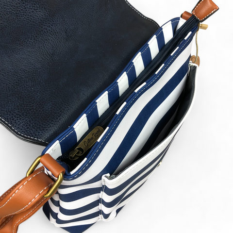 Cotton Road Sling Bag: NAVY and WHITE PVC Sling Bag with STRIPES and TAN TRIM