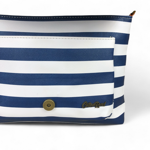 Cotton Road Sling Bag: NAVY and WHITE PVC Sling Bag with STRIPES and TAN TRIM