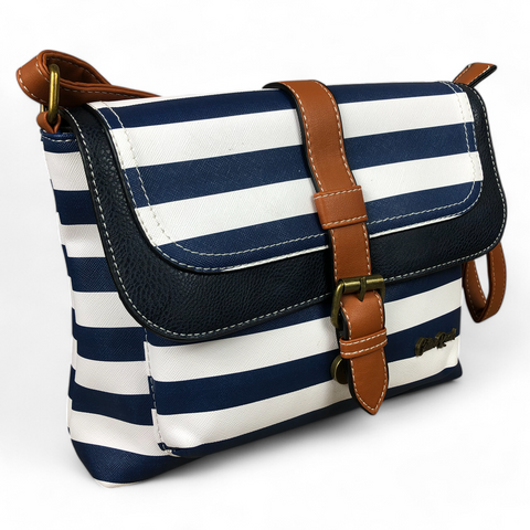 Cotton Road Sling Bag: NAVY and WHITE PVC Sling Bag with STRIPES and TAN TRIM