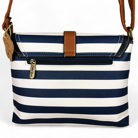 Cotton Road Sling Bag: NAVY and WHITE PVC Sling Bag with STRIPES and TAN TRIM