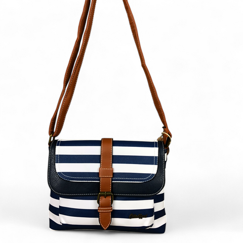 Cotton Road Sling Bag: NAVY and WHITE PVC Sling Bag with STRIPES and TAN TRIM