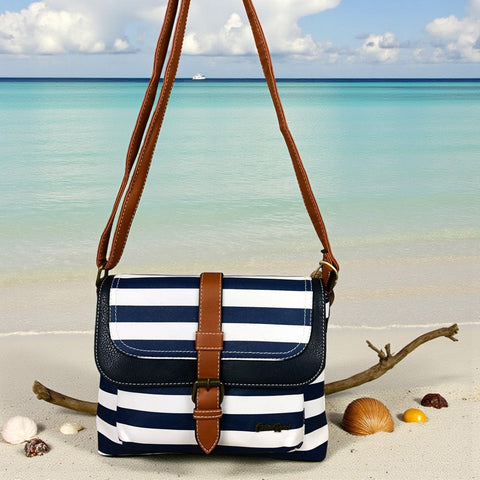 Cotton Road Sling Bag: NAVY and WHITE PVC Sling Bag with STRIPES and TAN TRIM